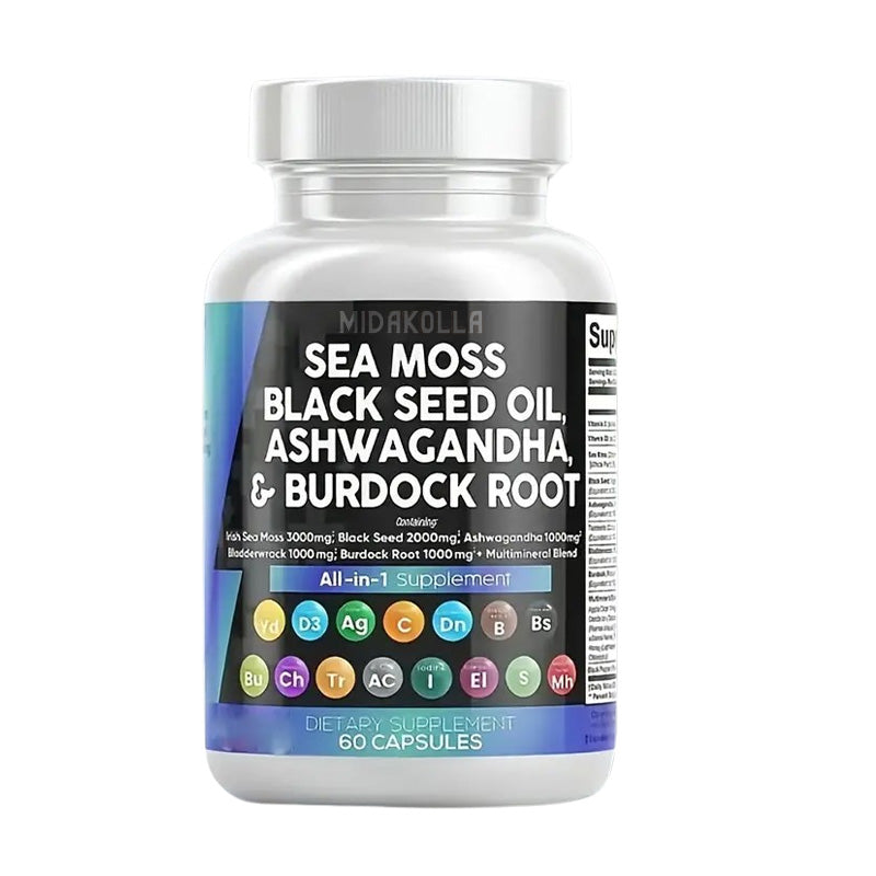 Sea Moss 3000mg Black Seed Oil 2000mg Ashwagandha 1000mg Turmeric 1000mg Bladderwrack 1000mg Burdock 1000mg & Vitamin C & D3 with Elderberry Manuka Dandelion Yellow Dock Iodine Chlorophyll ACV