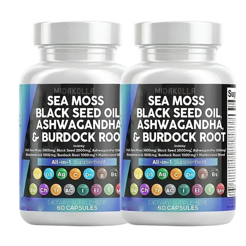 Sea Moss 3000mg Black Seed Oil 2000mg Ashwagandha 1000mg Turmeric 1000mg Bladderwrack 1000mg Burdock 1000mg & Vitamin C & D3 with Elderberry Manuka Dandelion Yellow Dock Iodine Chlorophyll ACV