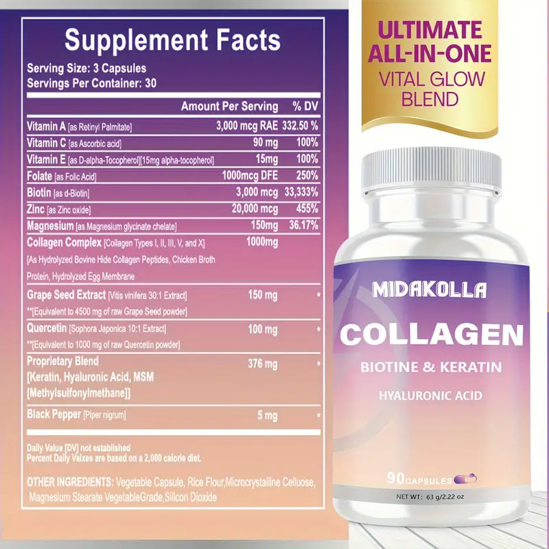 Collagen Pills Peptides Types l, ll, I1l, V & X MCG Biotin Keratin Hyaluronic Acid MSM Vitamin A Vitamin C Vitamin E Folic Acid Zinc Magnesium with Grape Seed Extract, Quercetin (90 Caps)